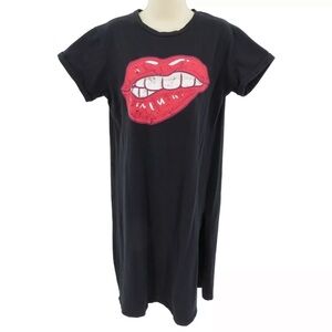 Obsessive Love Women's X-Large Red Lips  T-Shirt Dress Solid Black Short Sleeve